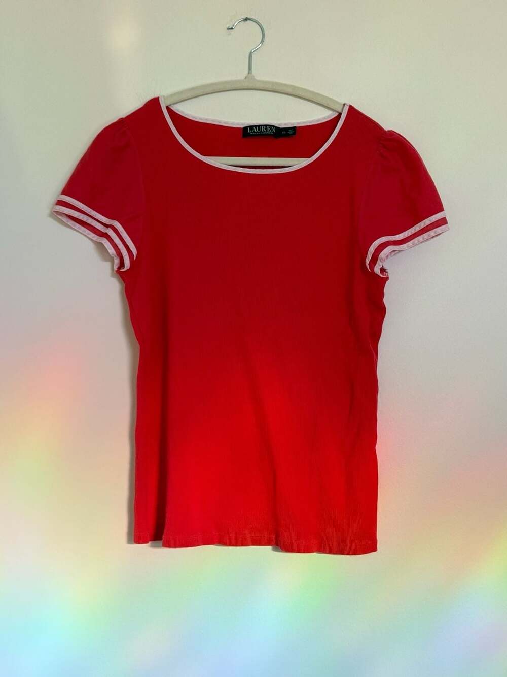 Lauren Ralph Lauren Top Size XL Red Ribbed Cap Sleeve T-Shirt